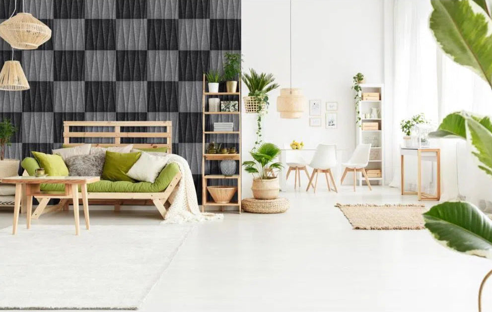 SANDGLASS 3D Acoustic Felt Wall Panels in white living room interior GREY Decormania.eu